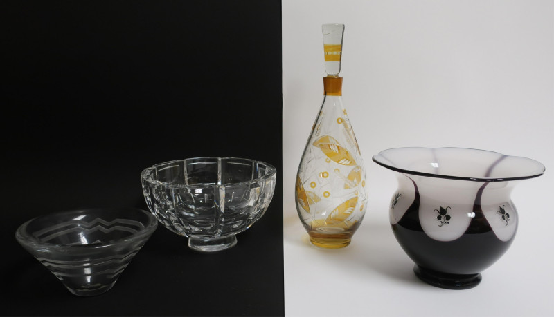 3 Art Deco Glass Bowls &amp; Decanter