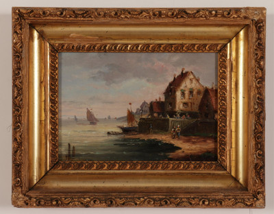 Eur. Sch. Houses at Shore, O/B, signed Dumont