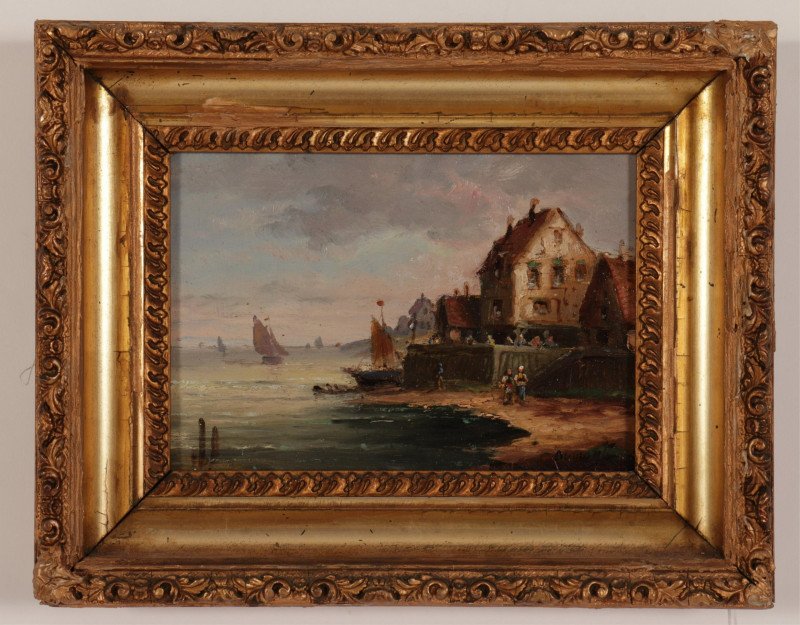 Eur. Sch. Houses at Shore, O/B, signed Dumont