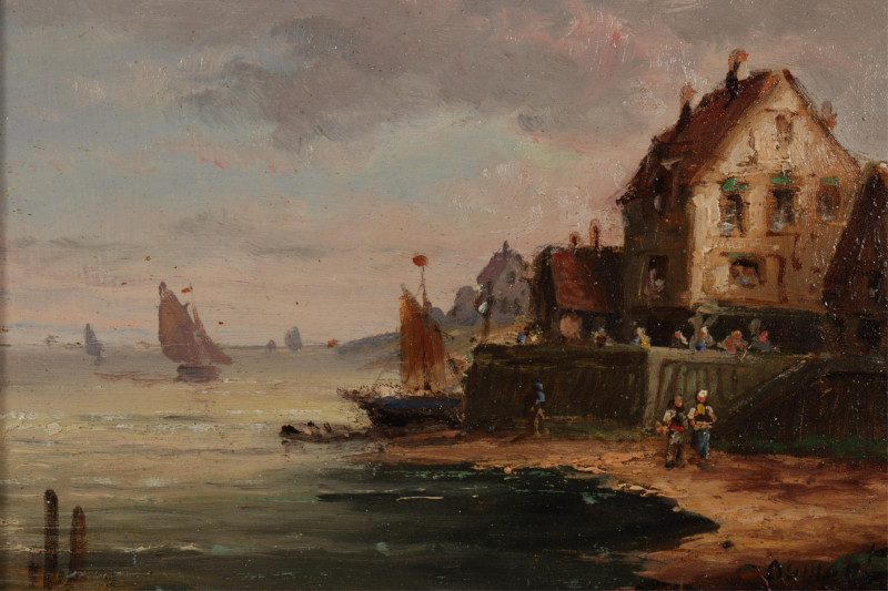 Eur. Sch. Houses at Shore, O/B, signed Dumont