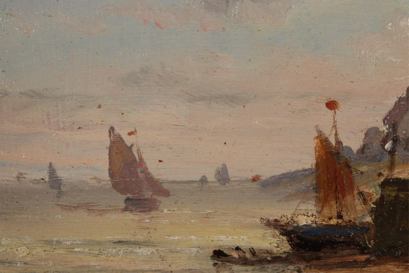 Eur. Sch. Houses at Shore, O/B, signed Dumont