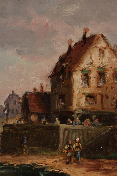 Eur. Sch. Houses at Shore, O/B, signed Dumont