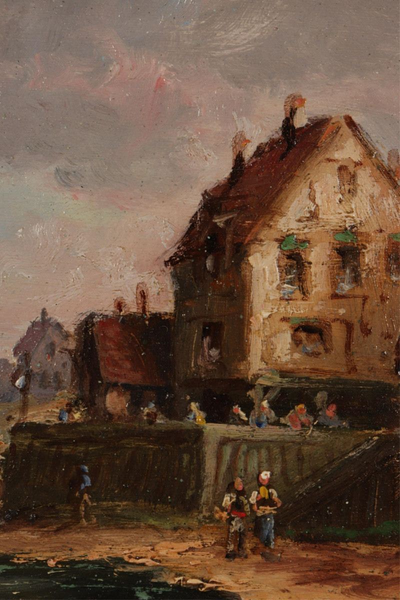 Eur. Sch. Houses at Shore, O/B, signed Dumont