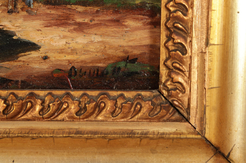 Eur. Sch. Houses at Shore, O/B, signed Dumont