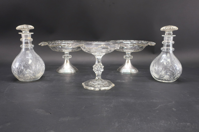 Three English Crystal Compotes and Two Decanters