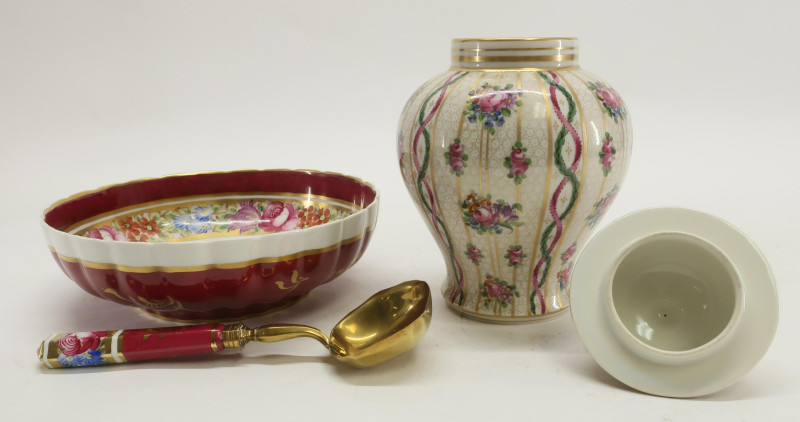 Porcelain French Berry Bowl &amp; Spoon and an Urn