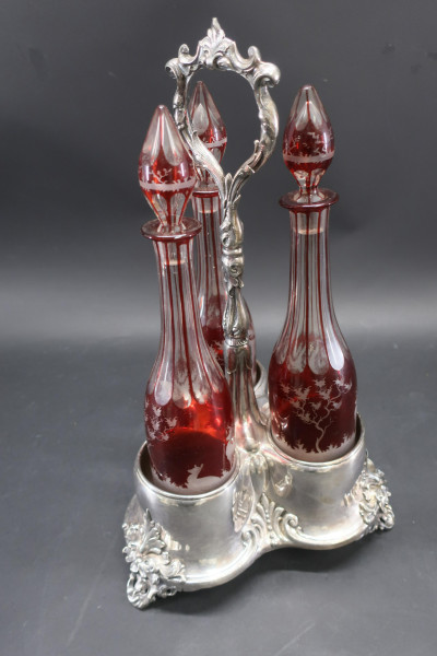 Ruby Red to Clear Bohemian Glass Decanters &amp; Stand