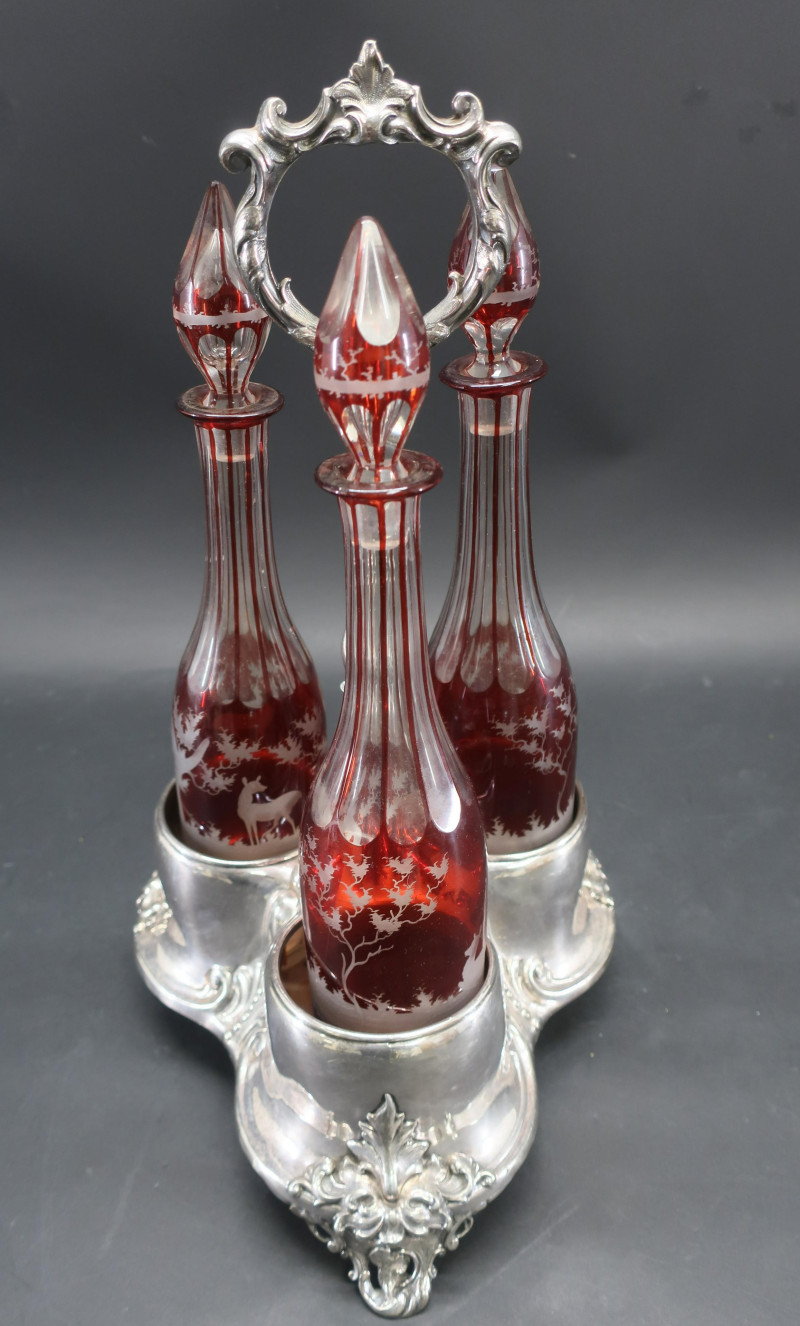Ruby Red to Clear Bohemian Glass Decanters &amp; Stand