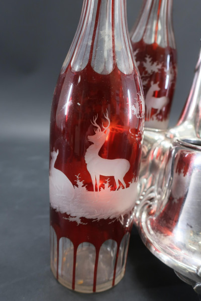 Ruby Red to Clear Bohemian Glass Decanters &amp; Stand