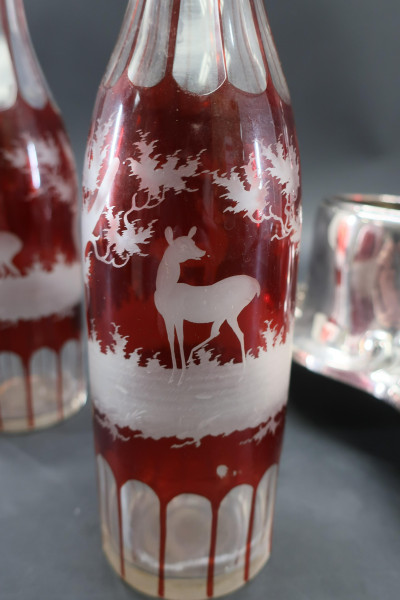 Ruby Red to Clear Bohemian Glass Decanters &amp; Stand