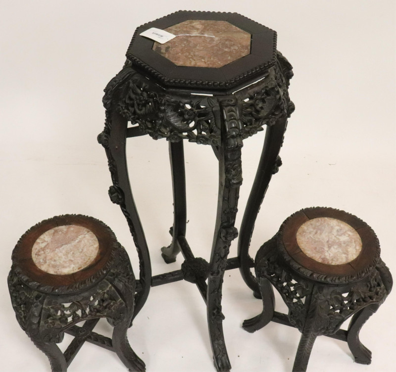 19th C. Carved Chinese Stands With Marble Inserts