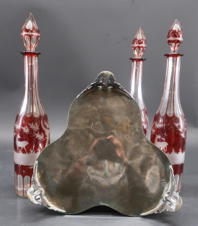 Ruby Red to Clear Bohemian Glass Decanters &amp; Stand