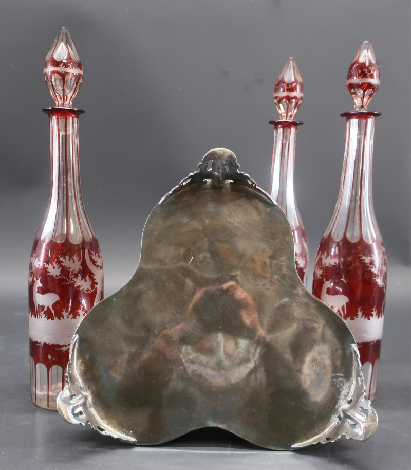 Ruby Red to Clear Bohemian Glass Decanters &amp; Stand