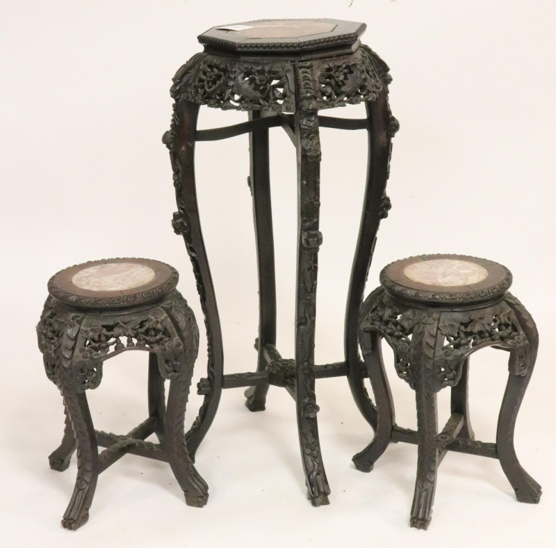 19th C. Carved Chinese Stands With Marble Inserts