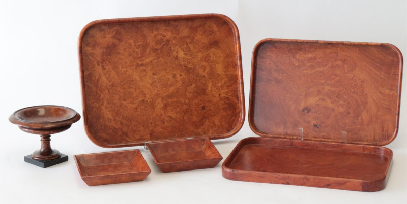 6 Burl Walnut Trays, Dishes &amp; Stand