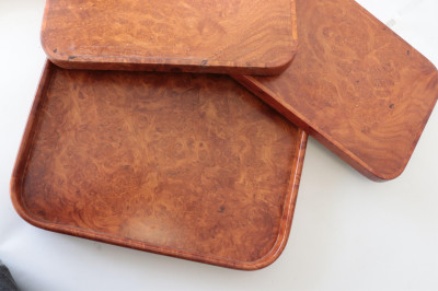 6 Burl Walnut Trays, Dishes &amp; Stand