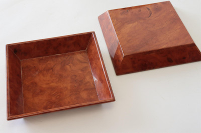 6 Burl Walnut Trays, Dishes &amp; Stand