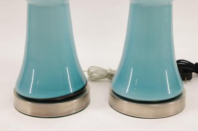 Pair Contemporary Teal Blue Glass Lamps