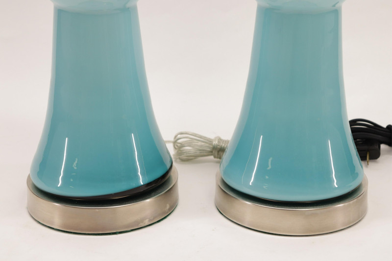 Pair Contemporary Teal Blue Glass Lamps