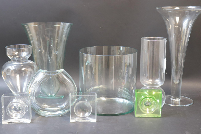7 Clear &amp; 2 Green Tinted Vases