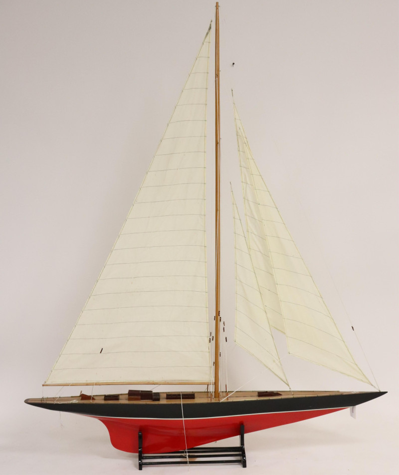 Model of a Red &amp; Black Painted Sailboat on Stand