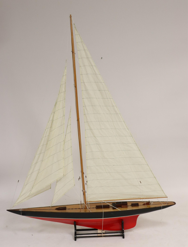 Model of a Red &amp; Black Painted Sailboat on Stand