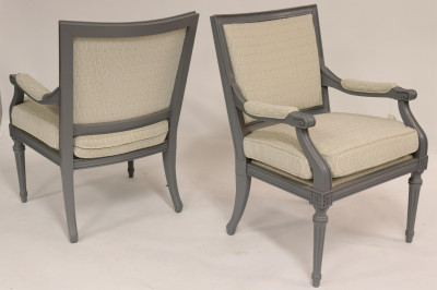Pair Louis XVI Style Grey Painted Fauteuils