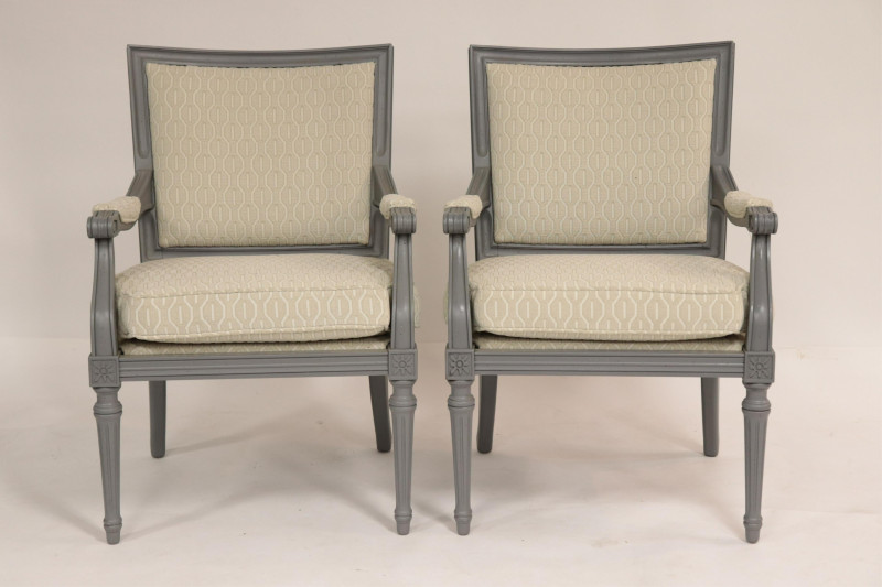 Pair Louis XVI Style Grey Painted Fauteuils