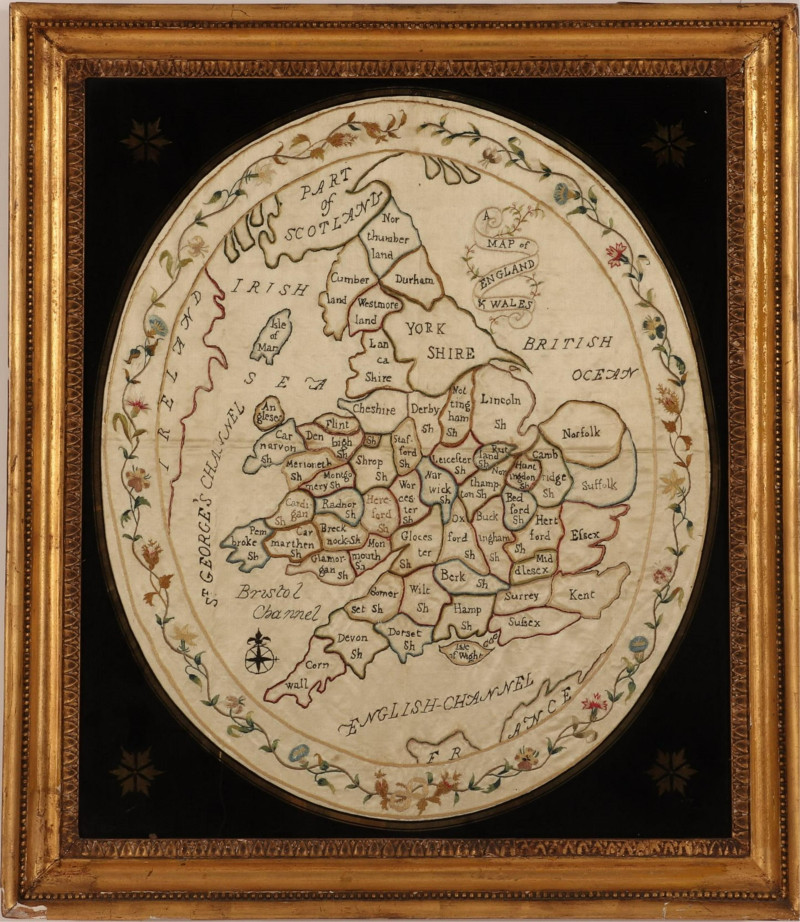 Victorian Silk Embroidered Map, England &amp; Wales