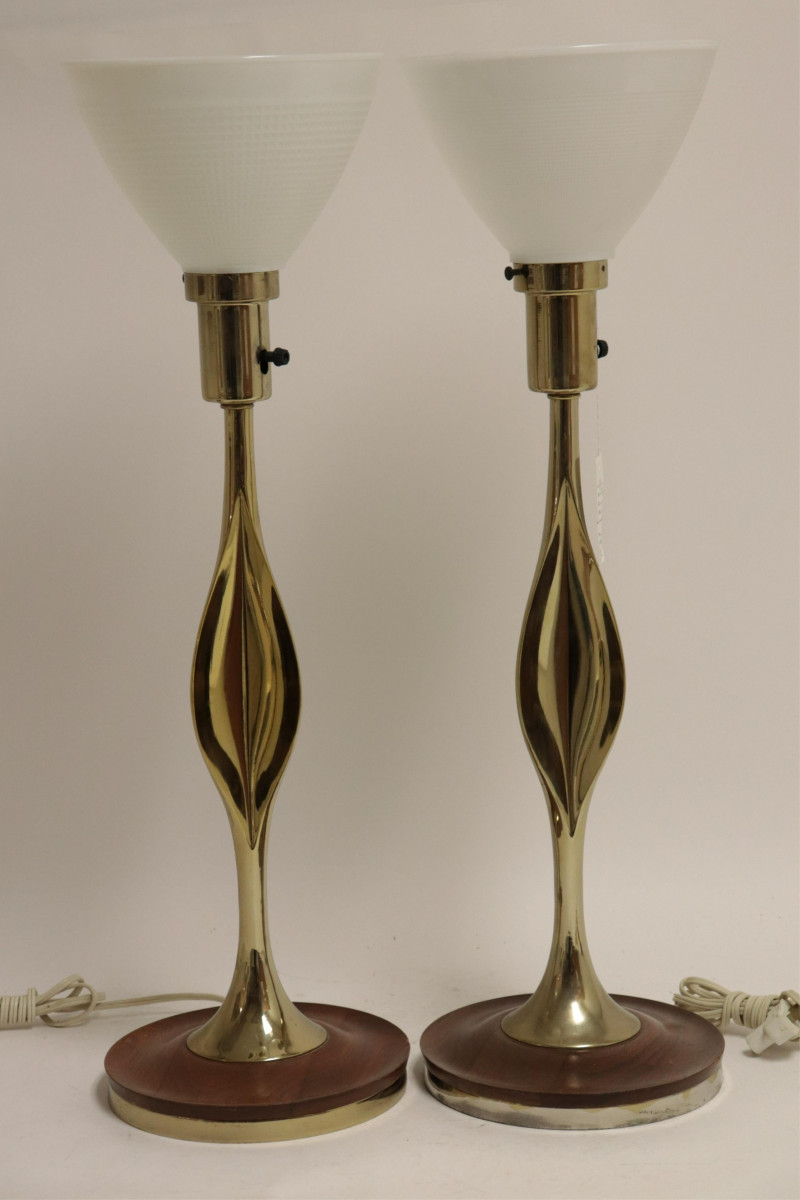 Pr Mid Century Brass &amp; Walnut Amorphous Lamps