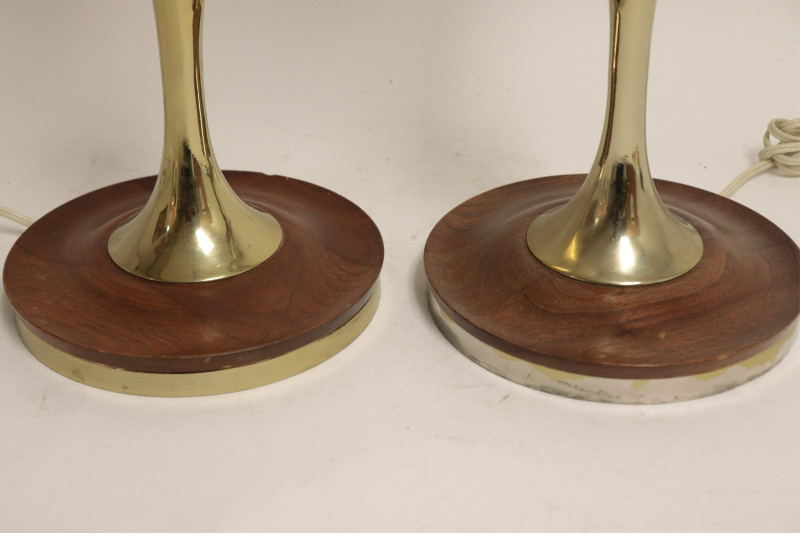 Pr Mid Century Brass &amp; Walnut Amorphous Lamps