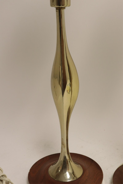 Pr Mid Century Brass &amp; Walnut Amorphous Lamps