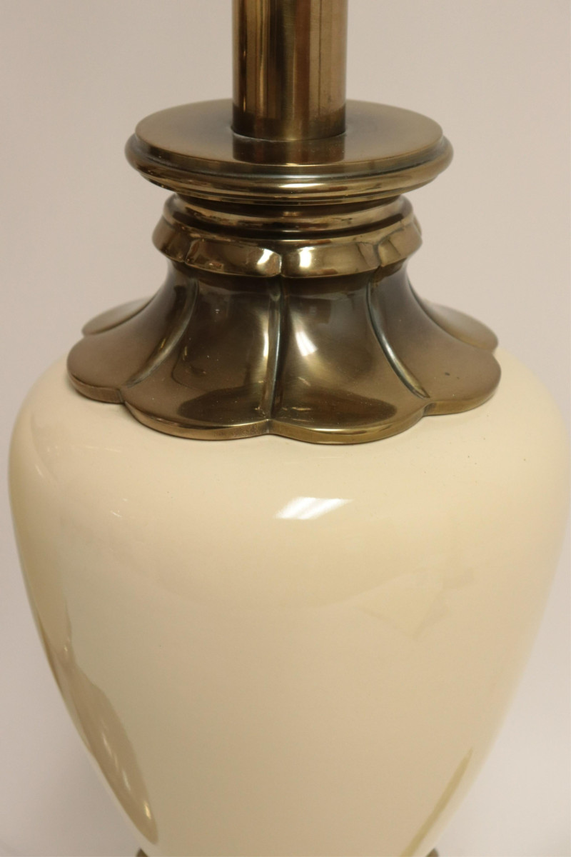 Pr Mid Century Stiffel Cream Ceramic &amp; Brass Lamps