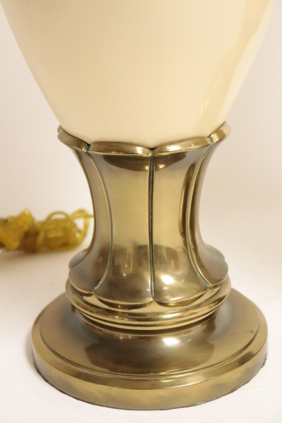 Pr Mid Century Stiffel Cream Ceramic &amp; Brass Lamps