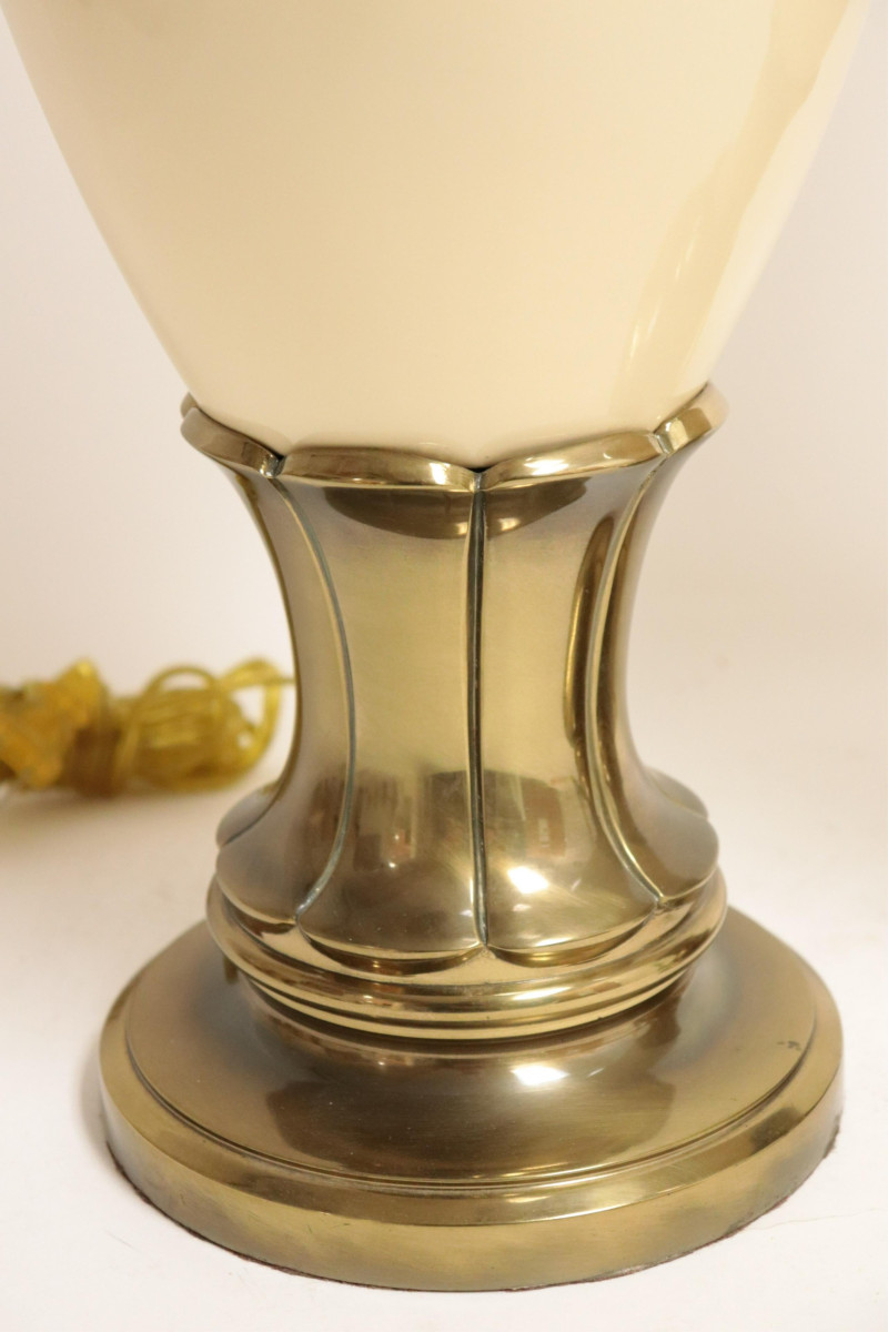 Pr Mid Century Stiffel Cream Ceramic &amp; Brass Lamps