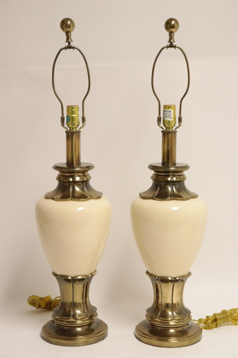 Pr Mid Century Stiffel Cream Ceramic &amp; Brass Lamps