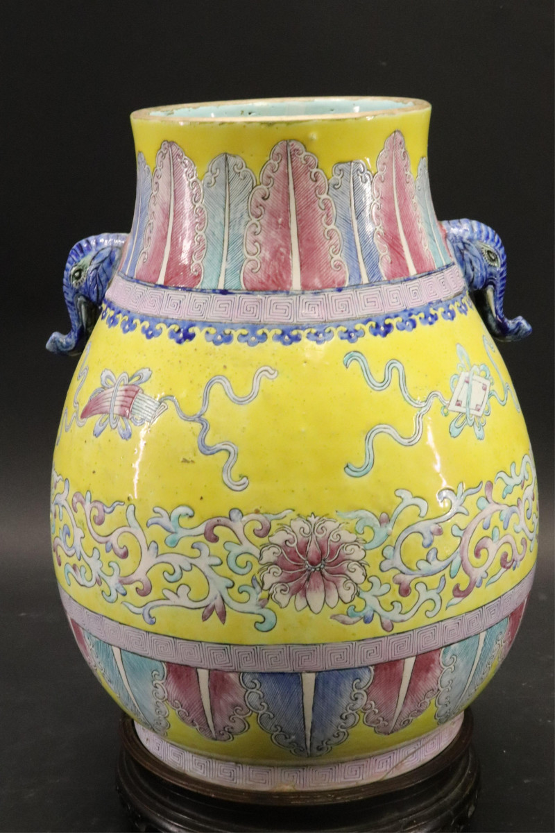 Chinese Polychrome Vase with carved hardwood stand