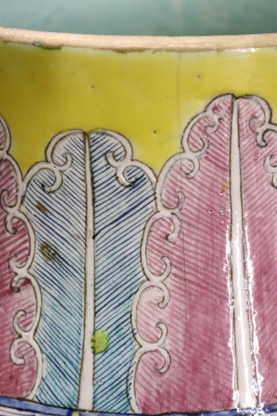 Chinese Polychrome Vase with carved hardwood stand