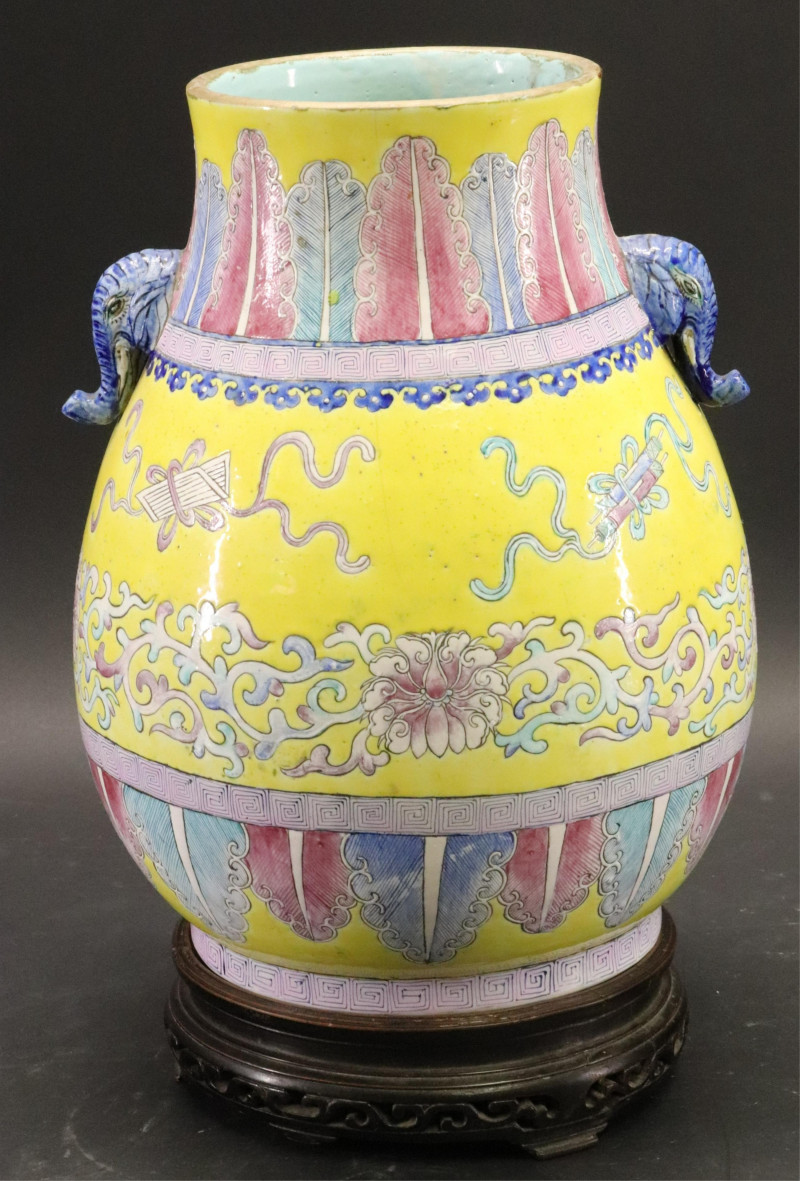 Chinese Polychrome Vase with carved hardwood stand