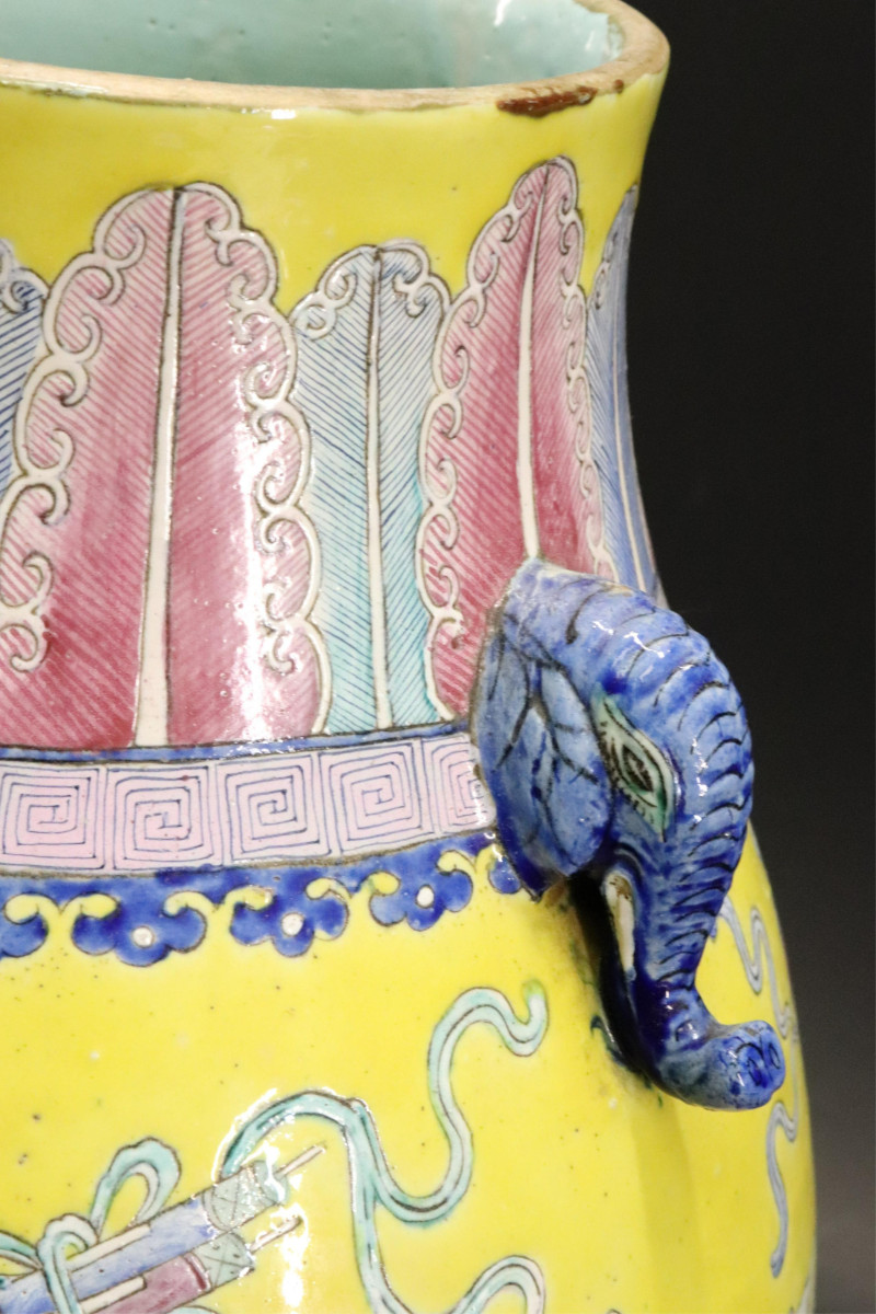 Chinese Polychrome Vase with carved hardwood stand
