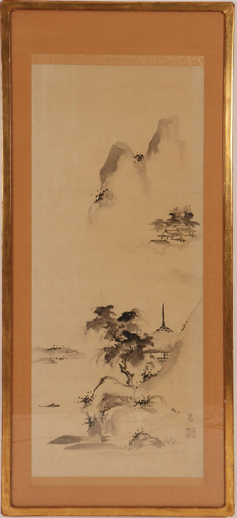 Asian Framed Scroll, Temples, ink on paper