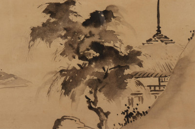 Asian Framed Scroll, Temples, ink on paper