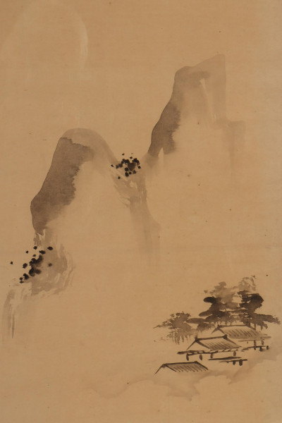 Asian Framed Scroll, Temples, ink on paper