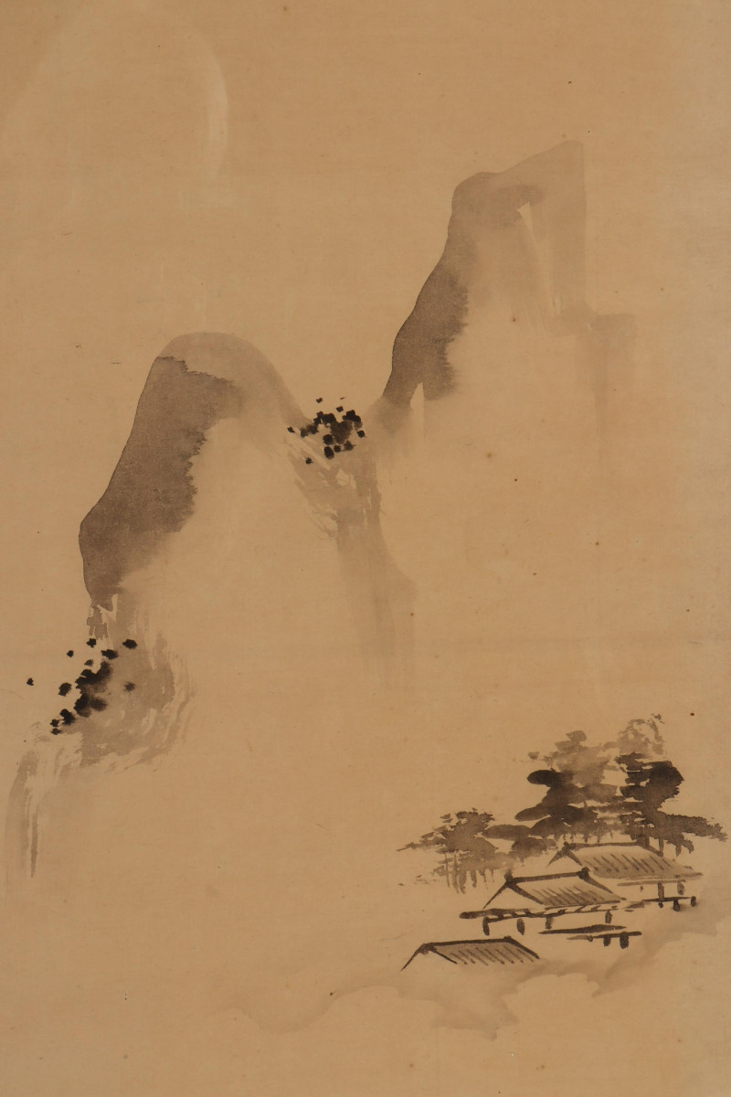 Asian Framed Scroll, Temples, ink on paper