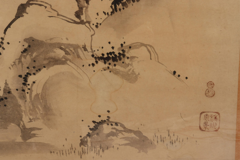 Asian Framed Scroll, Temples, ink on paper