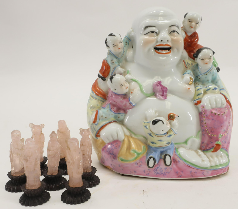 Porcelain Buddha Statue &amp; Rose Quartz Figures