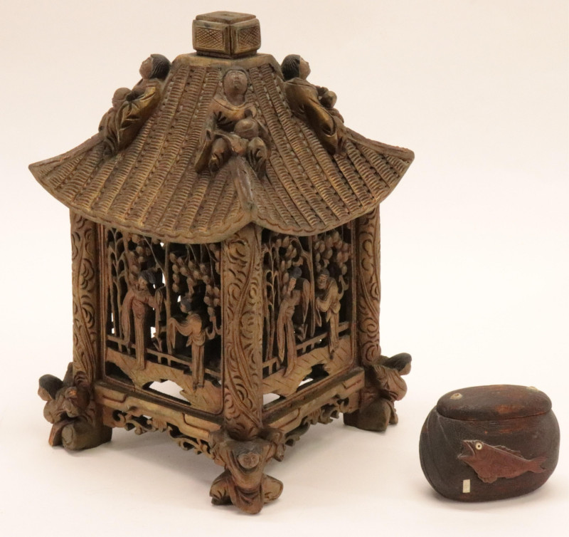 Carved Wood Pavilion and Tobacco Pouch