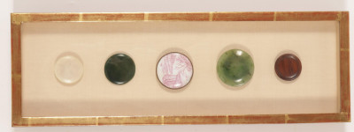 Framed Small Saucers and Carved Jades