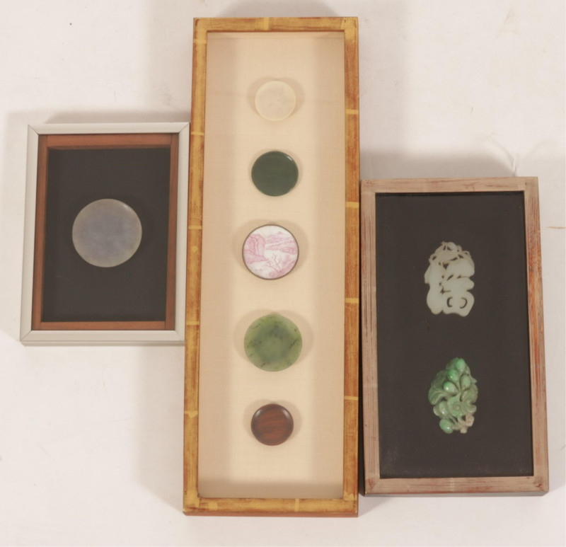 Framed Small Saucers and Carved Jades