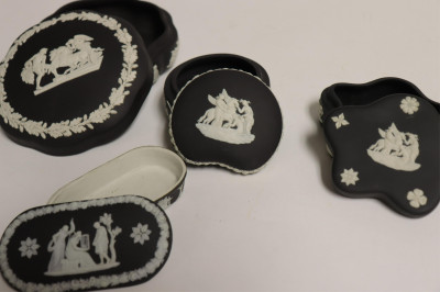 7 Wedgwood Black Basal Boxes and Pin Trays